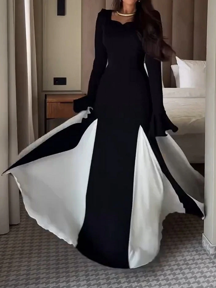 Elegant Black and White Flared Maxi Dress with Long Sleeves - Image 3