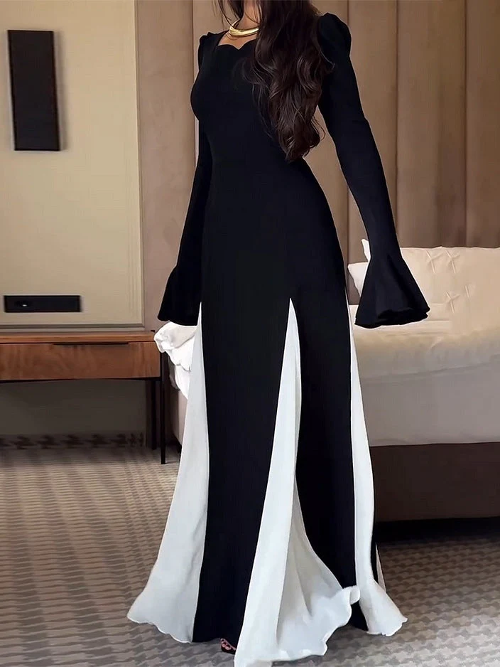 Elegant Black and White Flared Maxi Dress with Long Sleeves - Image 4