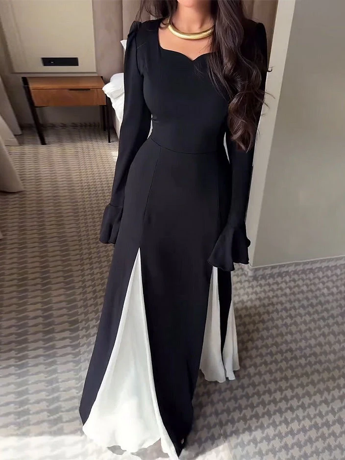 Elegant Black and White Flared Maxi Dress with Long Sleeves - Image 5