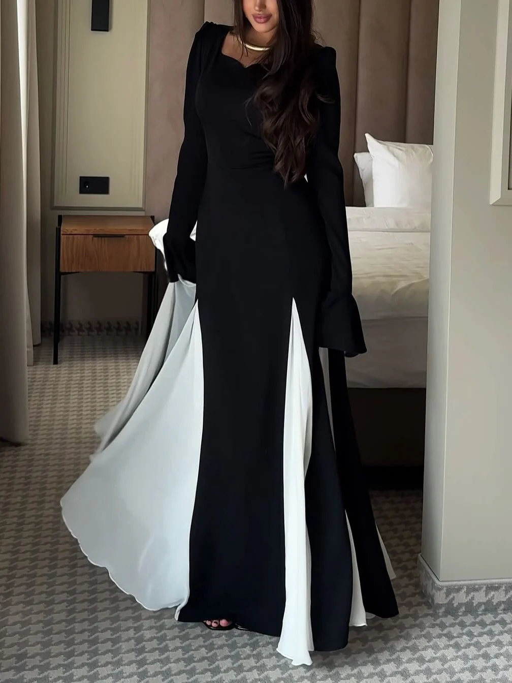 Elegant Black and White Flared Maxi Dress with Long Sleeves - Image 7