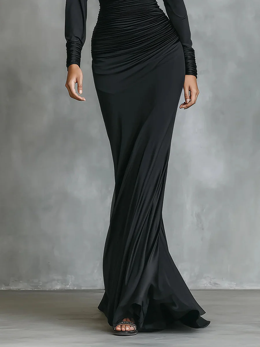 Elegant Long Mermaid Evening Gown in Black Satin with Off-Shoulder and Ruffle Details - Image 3