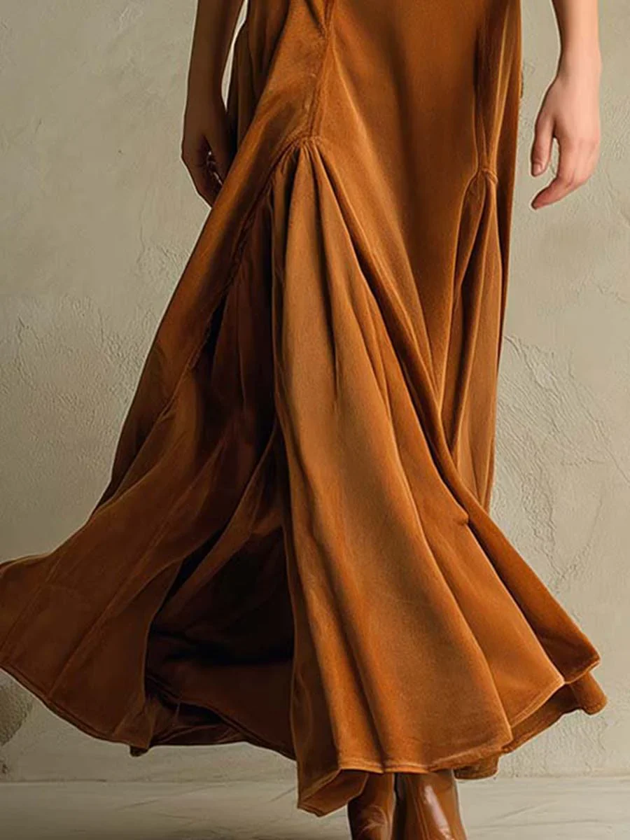 Elegant Vintage Brown Velvet Long Dress with Sophisticated Collar - Image 4