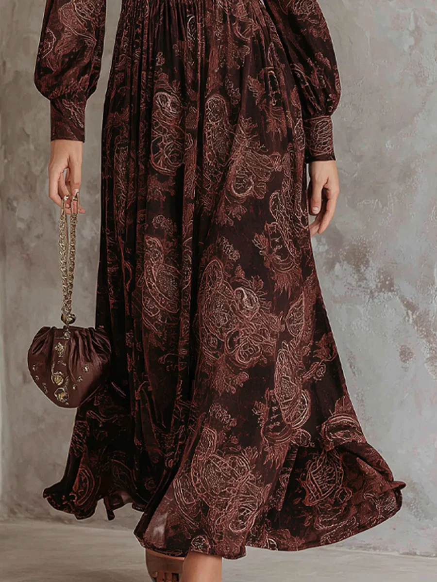 Brown Maxi Dress with Zip Waist and Paisley Pattern - Image 3