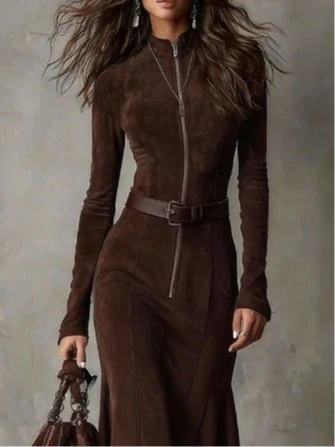 Vintage brown midi dress with zipper and elegant belt (belt included) - Image 3