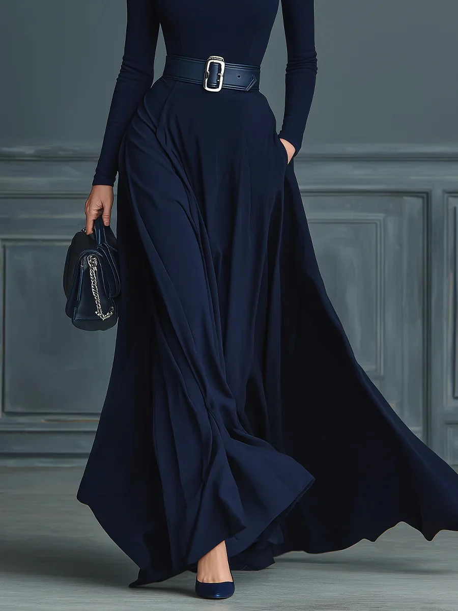 Chic Dark Blue Knit Dress with Stand Collar - Image 3