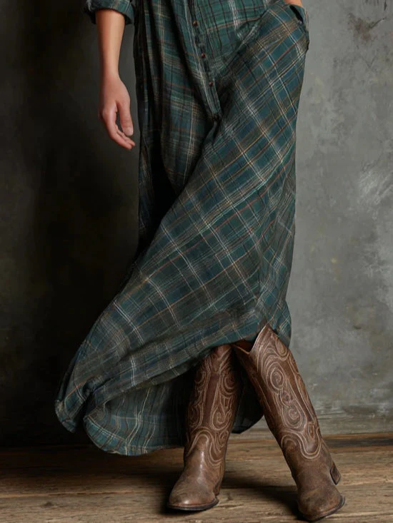 Elegant Green Plaid Lapel Single-Breasted Shirt Dress for a Chic and Sophisticated Look - Image 3
