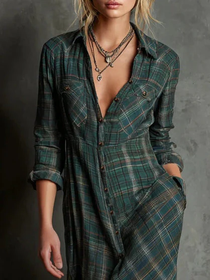 Elegant Green Plaid Lapel Single-Breasted Shirt Dress for a Chic and Sophisticated Look - Image 4