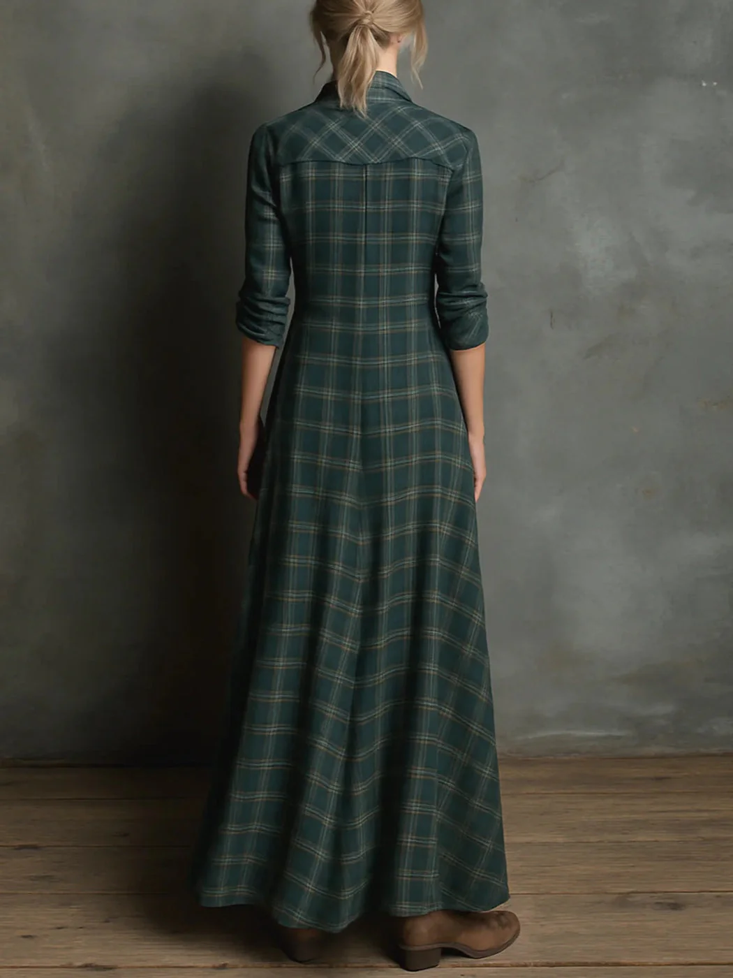 Elegant Green Plaid Lapel Single-Breasted Shirt Dress for a Chic and Sophisticated Look - Image 6