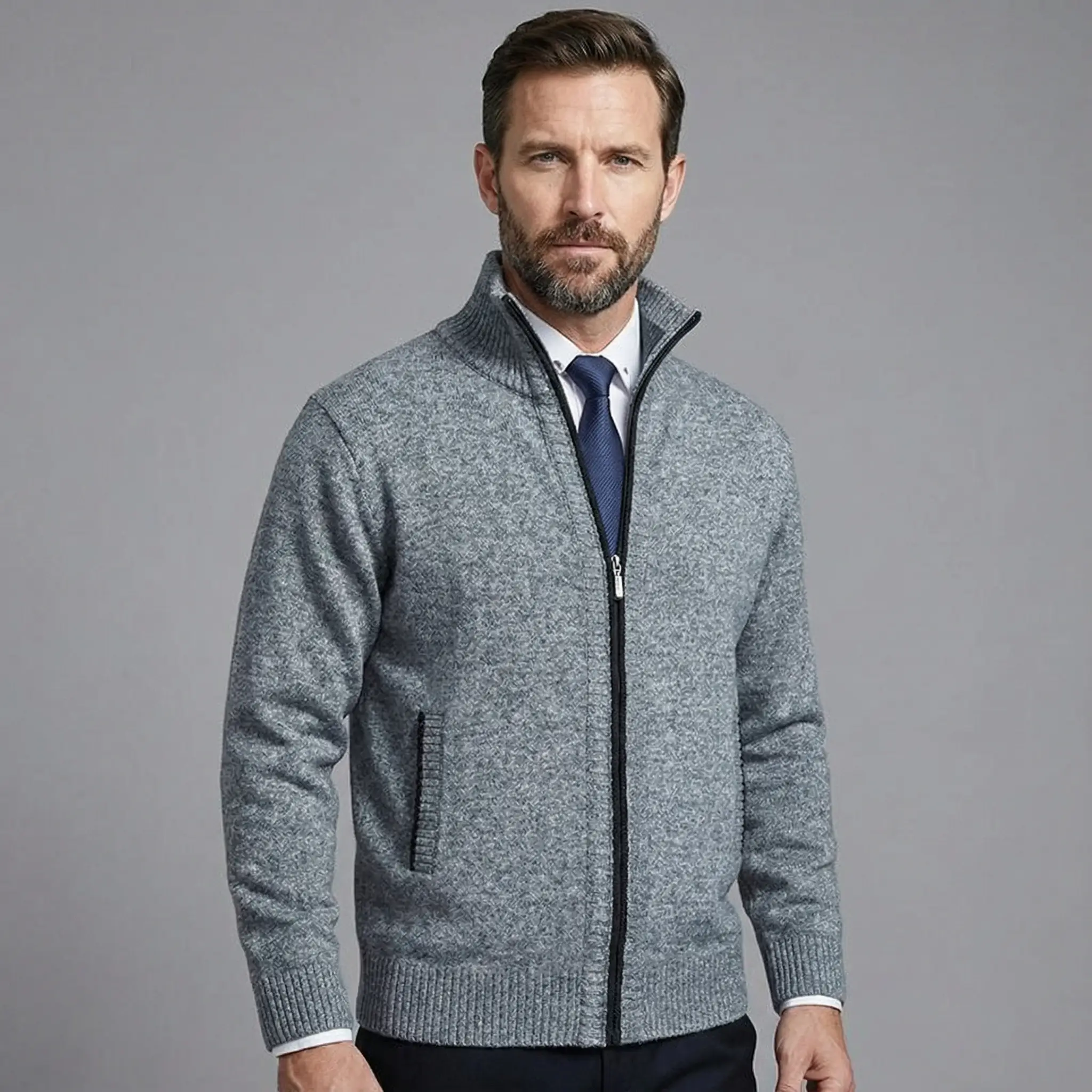 Owen | Solid Knit Cardigan with Stand Collar - Image 10