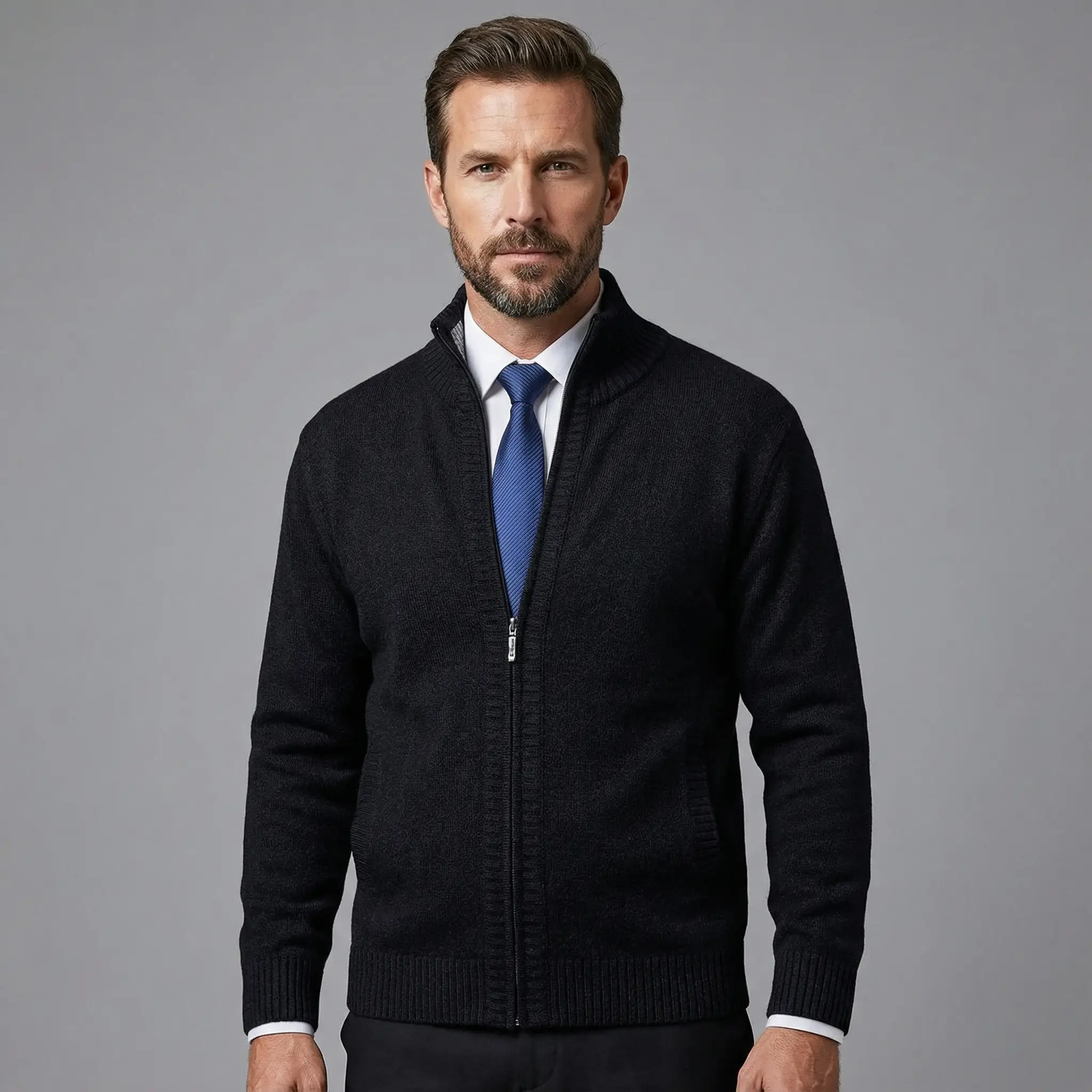 Owen | Solid Knit Cardigan with Stand Collar - Image 12