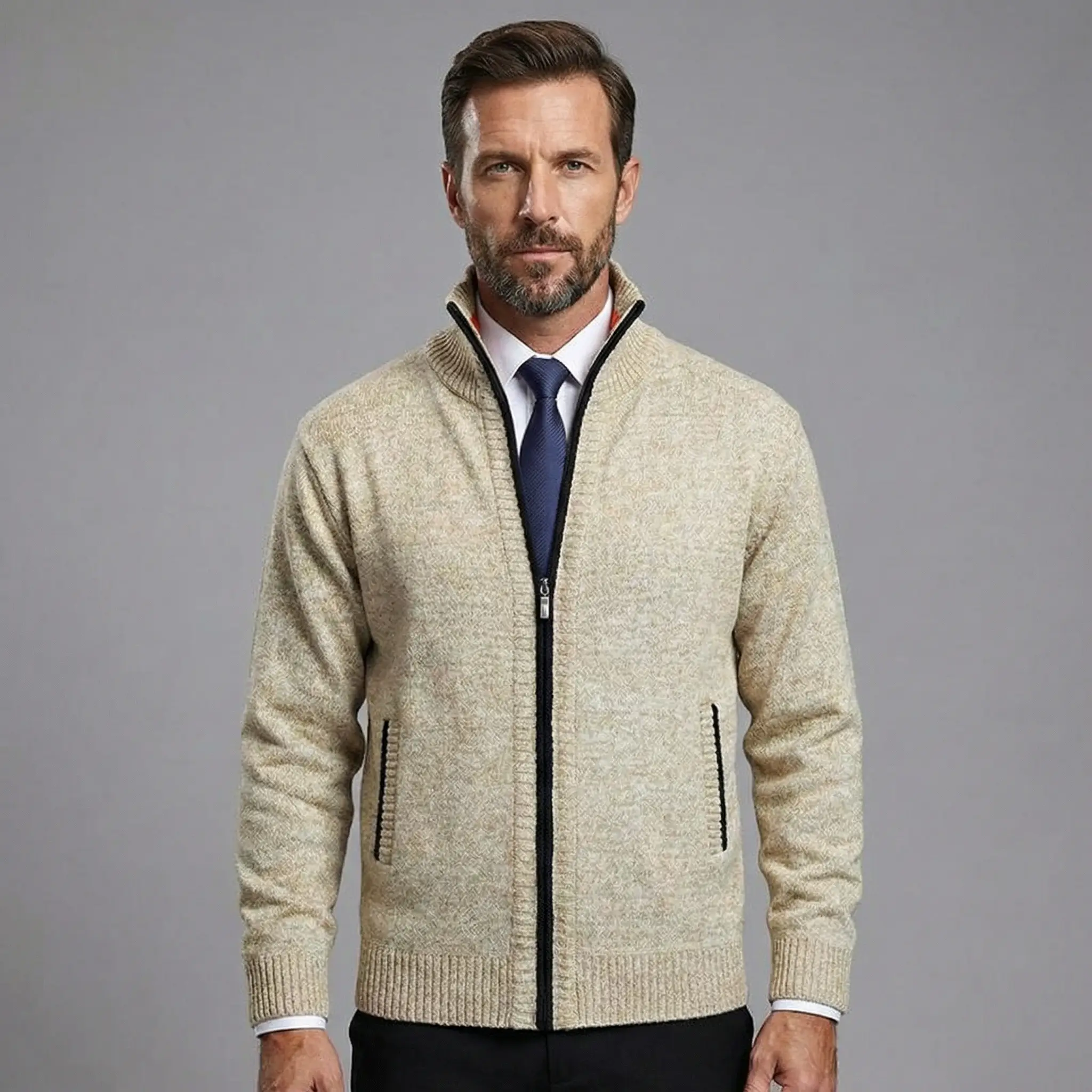 Owen | Solid Knit Cardigan with Stand Collar - Image 8